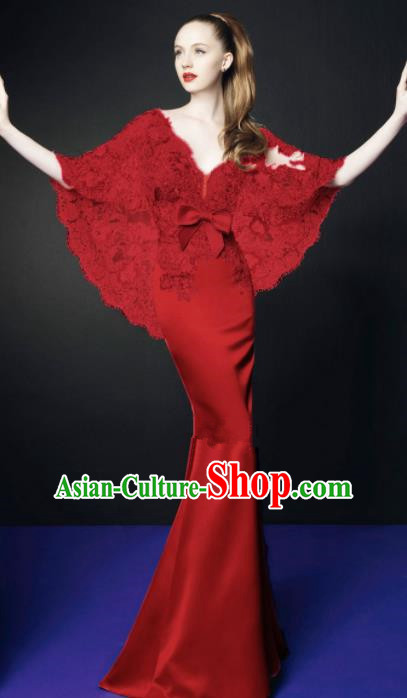Top Grade Catwalks Red Lace Evening Dress Compere Modern Fancywork Costume for Women