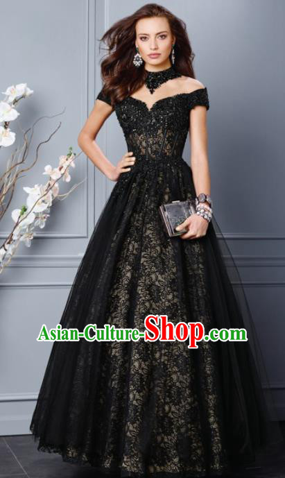 Top Grade Catwalks Black Veil Bubble Evening Dress Compere Modern Fancywork Costume for Women