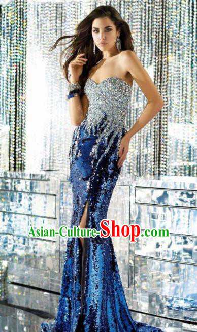 Top Grade Catwalks Royal Blue Paillette Evening Dress Compere Modern Fancywork Costume for Women