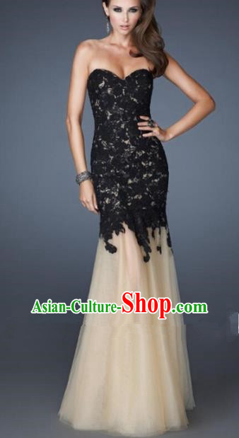 Top Grade Catwalks Black Lace Veil Evening Dress Compere Modern Fancywork Costume for Women