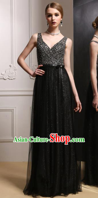 Top Grade Catwalks Black Veil Evening Dress Compere Modern Fancywork Costume for Women