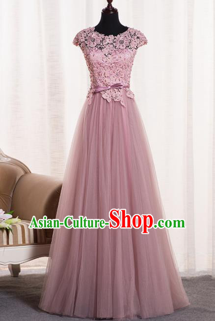 Top Grade Catwalks Pink Lace Veil Evening Dress Compere Modern Fancywork Costume for Women