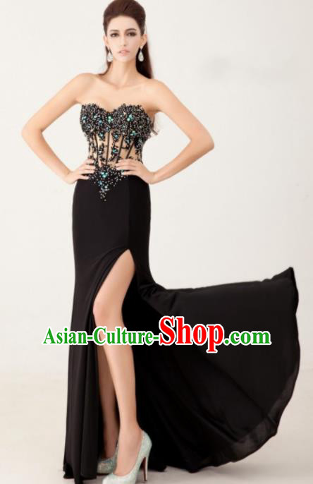 Top Grade Catwalks Black Beads Evening Dress Compere Modern Fancywork Costume for Women