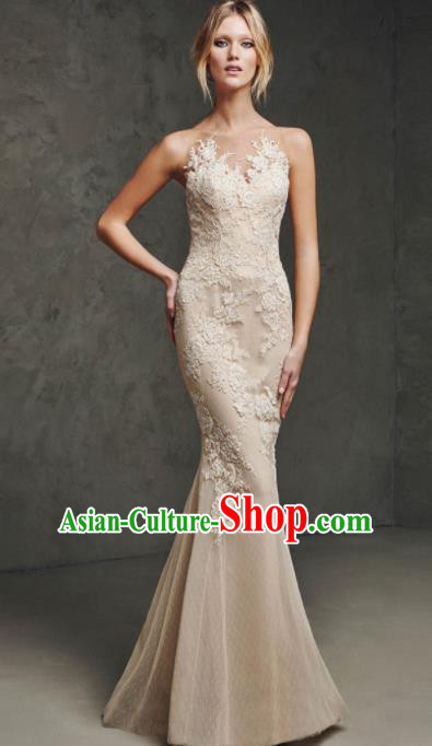 Top Grade Catwalks Embroidered Champagne Evening Dress Compere Modern Fancywork Costume for Women