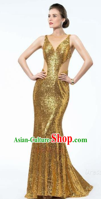 Top Grade Catwalks Golden Paillette Trailing Evening Dress Compere Modern Fancywork Costume for Women