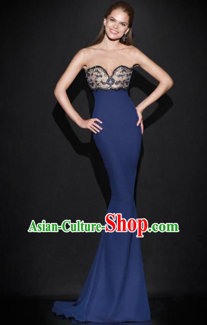 Top Grade Catwalks Navy Trailing Evening Dress Compere Modern Fancywork Costume for Women