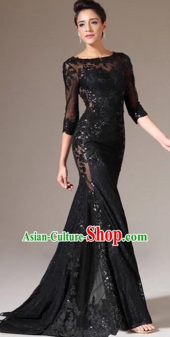 Top Grade Catwalks Black Embroidered Lace Evening Dress Compere Modern Fancywork Costume for Women