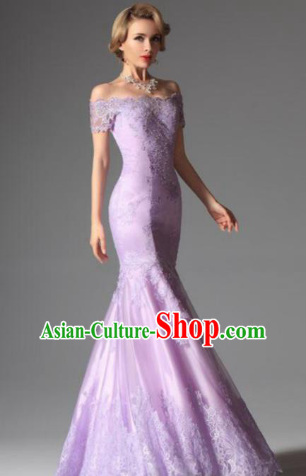 Top Grade Catwalks Embroidered Lace Purple Mermaid Evening Dress Compere Modern Fancywork Costume for Women