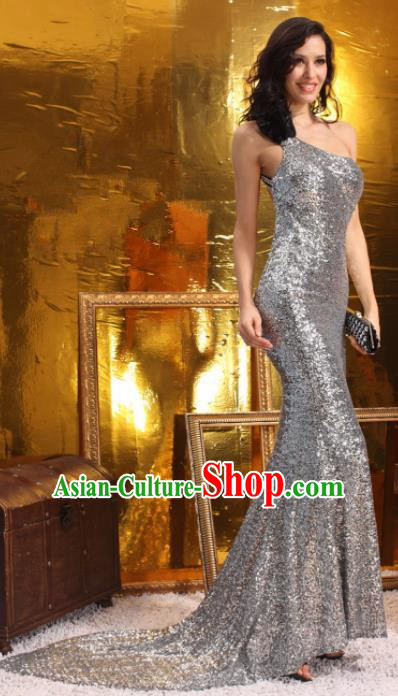 Top Grade Catwalks Argent Paillette Evening Dress Compere Modern Fancywork Costume for Women