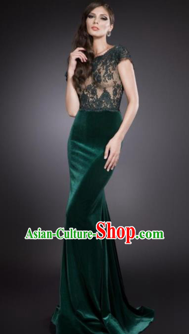 Top Grade Catwalks Green Velvet Evening Dress Compere Modern Fancywork Costume for Women