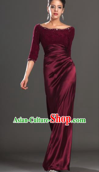 Top Grade Catwalks Wine Red Lace Evening Dress Compere Modern Fancywork Costume for Women