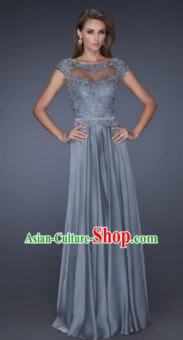 Top Grade Catwalks Grey Lace Evening Dress Compere Modern Fancywork Costume for Women