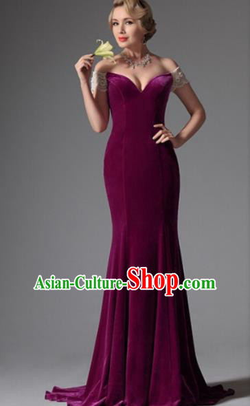 Top Grade Catwalks Purple Velvet Trailing Evening Dress Compere Modern Fancywork Costume for Women