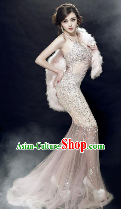Top Grade Catwalks Diamante Sexy Evening Dress Compere Modern Fancywork Costume for Women