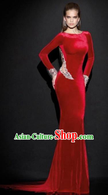 Top Grade Catwalks Red Sexy Evening Dress Compere Modern Fancywork Costume for Women