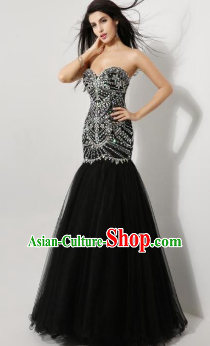 Top Grade Catwalks Black Veil Crystal Evening Dress Compere Modern Fancywork Costume for Women