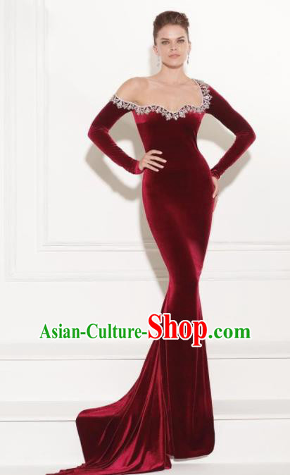 Top Grade Catwalks Wine Red Velvet Formal Dress Compere Modern Fancywork Costume for Women