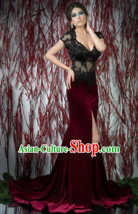 Top Grade Modern Fancywork Wine Red Velvet Formal Dress Compere Catwalks Costume for Women