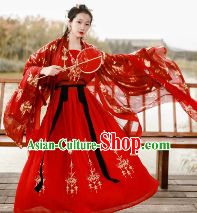 Traditional Chinese Tang Dynasty Wedding Embroidered Historical Costume Ancient Princess Red Hanfu Dress for Women