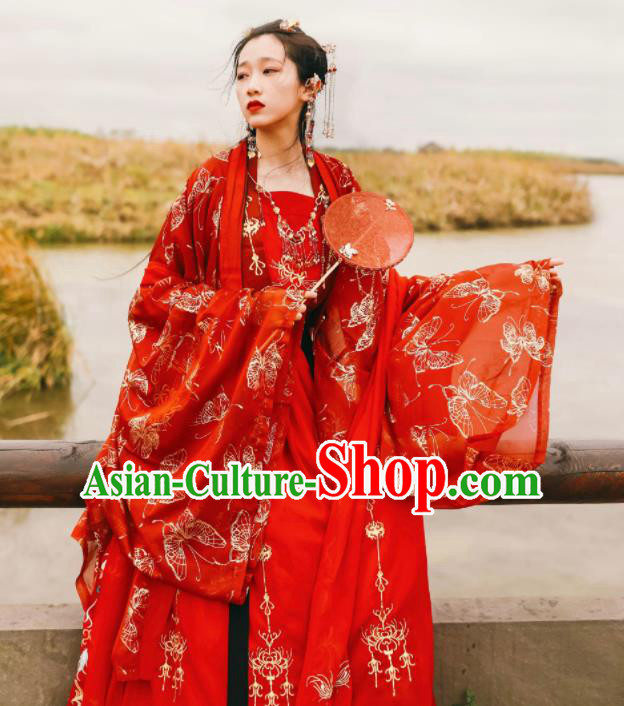 Traditional Chinese Tang Dynasty Wedding Embroidered Historical Costume Ancient Princess Red Hanfu Dress for Women