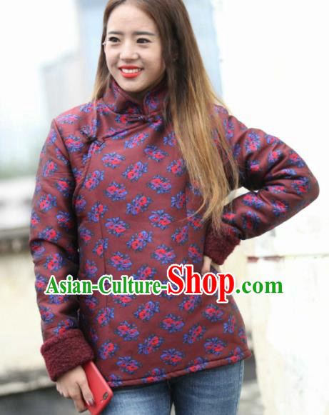 Chinese Traditional Tibetan Ethnic Dark Red Cotton Padded Jacket Zang Nationality Heishui Dance Costume for Women