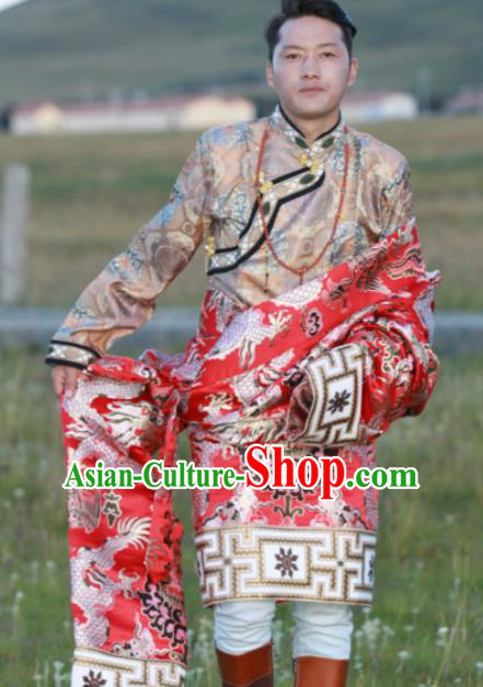Chinese Traditional Tibetan Bride and Bridegroom Red Robes Zang Nationality Heishui Dance Ethnic Costumes for Women for Men
