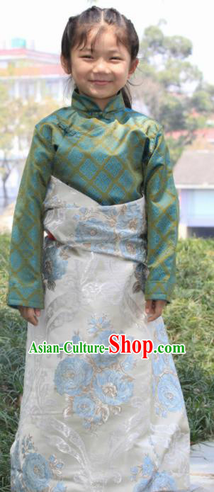Chinese Traditional Tibetan Children White Robe Zang Nationality Heishui Dance Ethnic Costumes for Kids