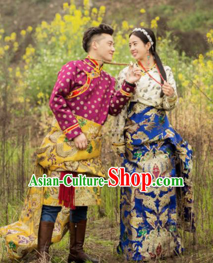 Chinese Traditional Tibetan Wedding Brocade Robes Zang Nationality Heishui Dance Ethnic Costumes for Women for Men