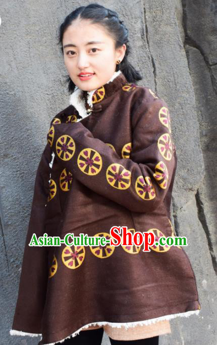 Chinese Traditional Tibetan National Ethnic Brown Cotton Padded Jacket Zang Nationality Costume for Women