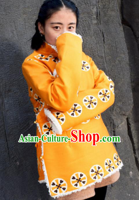 Chinese Traditional Tibetan National Ethnic Yellow Cotton Padded Jacket Zang Nationality Costume for Women