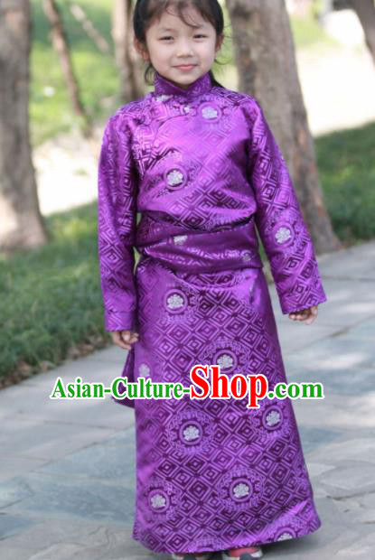 Chinese Traditional Tibetan Children Purple Robe Zang Nationality Heishui Dance Ethnic Costumes for Kids