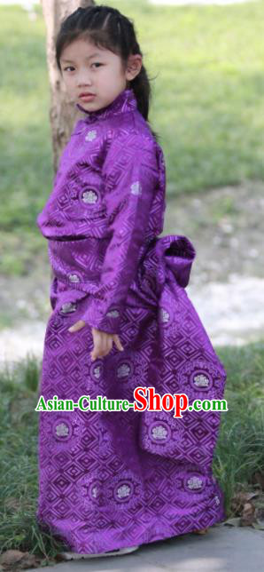 Chinese Traditional Tibetan Children Purple Robe Zang Nationality Heishui Dance Ethnic Costumes for Kids