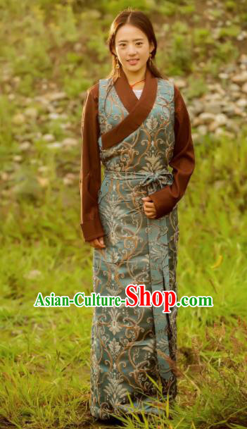 Chinese Traditional Tibetan Ethnic Female Green Dress Zang Nationality Heishui Dance Costume for Women