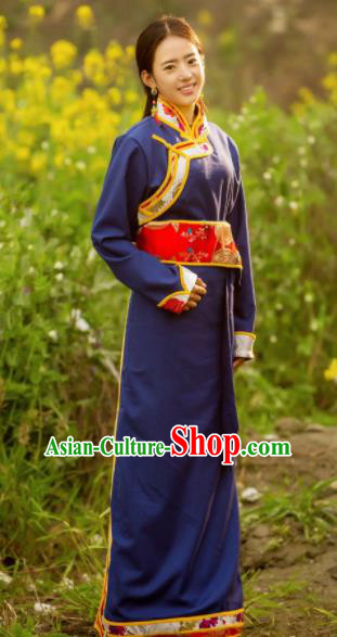 Chinese Traditional Tibetan Ethnic Female Navy Dress Zang Nationality Heishui Dance Costume for Women