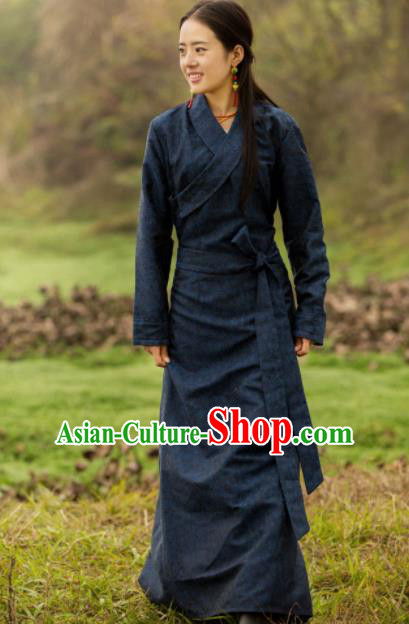 Chinese Traditional Tibetan Ethnic Female Deep Blue Dress Zang Nationality Heishui Dance Costume for Women