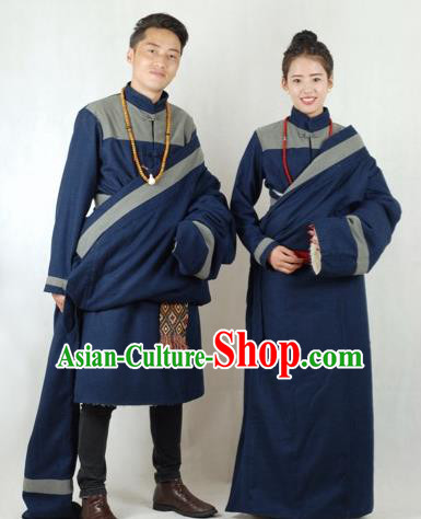Chinese Traditional Tibetan Bride and Bridegroom Navy Robes Zang Nationality Wedding Ethnic Costumes for Women for Men