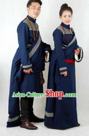 Chinese Traditional Tibetan Bride and Bridegroom Navy Robes Zang Nationality Wedding Ethnic Costumes for Women for Men