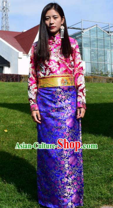 Chinese Traditional Tibetan National Ethnic Royalblue Brocade Robe Zang Nationality Costume for Women