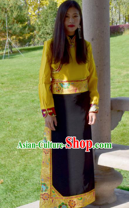 Chinese Traditional Tibetan National Ethnic Black Brocade Skirt Zang Nationality Costume for Women