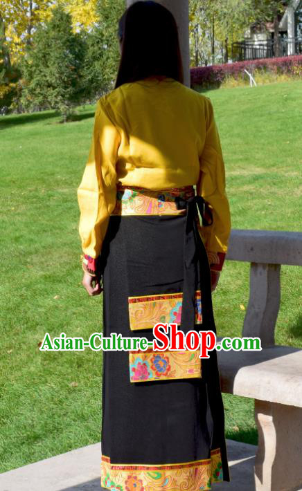 Chinese Traditional Tibetan National Ethnic Black Brocade Skirt Zang Nationality Costume for Women