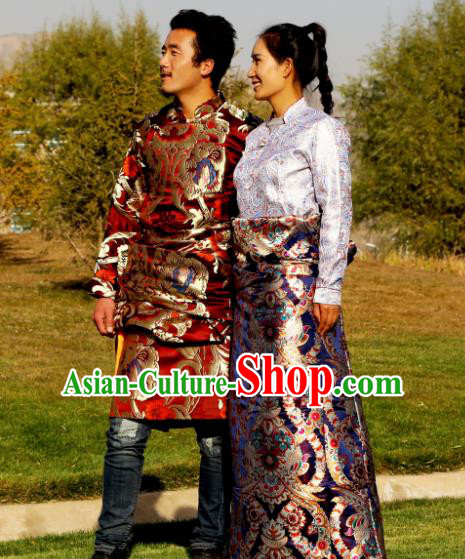 Chinese Traditional National Bride and Bridegroom Tibetan Robe Zang Nationality Ethnic Folk Dance Costumes for Women for Men