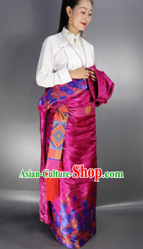 Chinese Traditional Tibetan National Ethnic Rosy Robe Zang Nationality Wedding Costume for Women