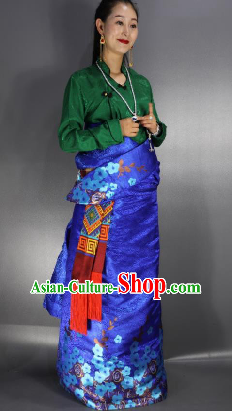 Chinese Traditional Tibetan National Ethnic Royalblue Robe Zang Nationality Wedding Costume for Women