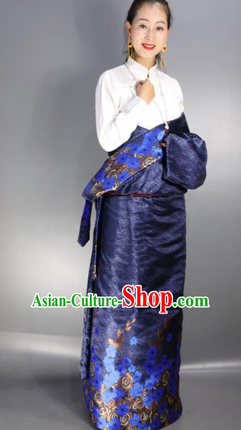 Chinese Traditional Tibetan National Ethnic Navy Robe Zang Nationality Wedding Costume for Women