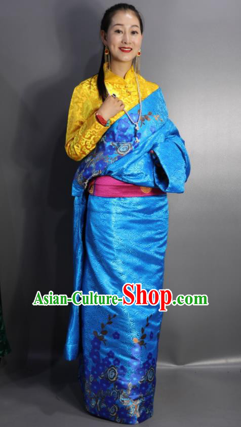 Chinese Traditional Tibetan National Ethnic Blue Robe Zang Nationality Wedding Costume for Women