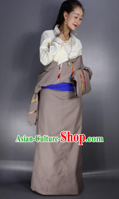 Chinese Traditional National Ethnic Khaki Tibetan Robe Zang Nationality Folk Dance Costume for Women