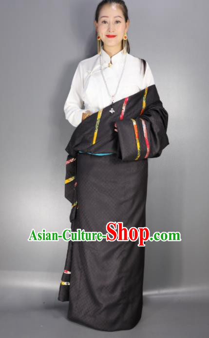 Chinese Traditional National Ethnic Black Tibetan Robe Zang Nationality Folk Dance Costume for Women