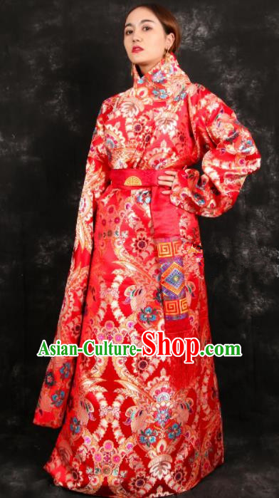 Chinese Traditional Tibetan Ethnic Bride Red Robe Zang Nationality Heishui Dance Costume for Women