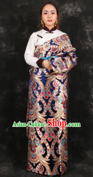 Chinese Traditional Tibetan Ethnic Bride Navy Brocade Robe Zang Nationality Heishui Dance Costume for Women