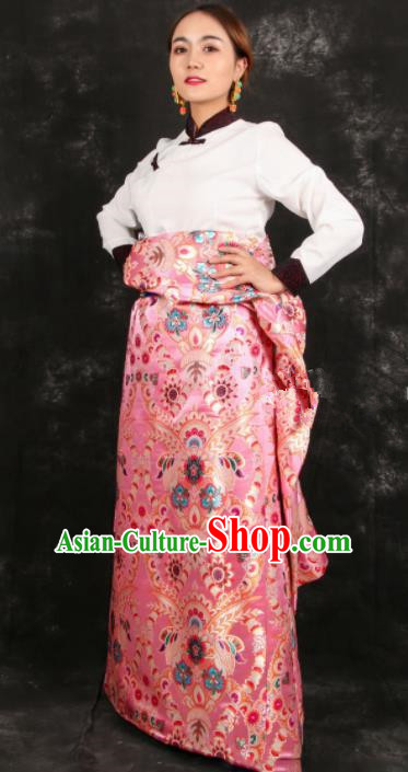 Chinese Traditional Tibetan Ethnic Bride Pink Brocade Robe Zang Nationality Heishui Dance Costume for Women